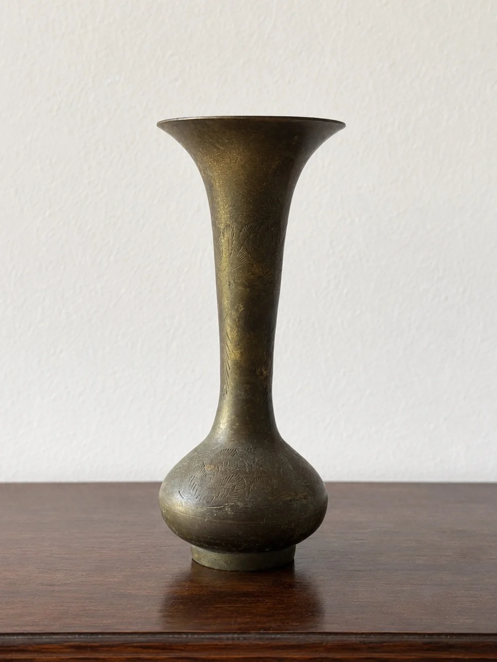 Vintage Hand-Etched Brass Trumpet Vase 8” Tall Boho Global Decorative Bud Vase